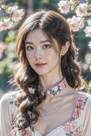 Real photo, a Japanese woman, 19 years old girl, 
 wearing a pink china cheongsam, under the cherry blossom tree, smiling, right hand up, the pink cherry blossom petals are flying all over the picture, clear and bright, super High quality, exquisite details, delicate and clear facial features, clear body, prefect beast, 
,1 girl, Double exposure, real person, Dusk, twilight, milf, china dress with heart cutout,hand on own chin