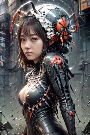 1girl, A woman of Taiwanese-Korean, wearing the spider combined with a skull helmet, with 4 eyes on the helmet, spider wet patten, cinema 4k, cinematic, ethereal, magical, cosmic, full body, sexy pose, high resolution, ,kwon-nara,biopunk style,LinkGirl,xxmix_girl