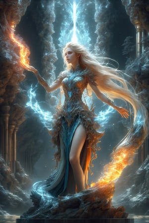 1girl, solo, long hair, blonde hair, tail, nude, monster girl, rock, pillar, column, hand up and colorful stone on the hand, masterpiece, top quality, best quality, official art, beautiful and aesthetic,  extreme detailed,(abstract, fractal art:1.3),colorful hair,highest detailed, detailed_eyes, fire, water, ice, lightning, light_particles, ghost, cinematic moviemaker style,xxmix_girl,glass shiny style,DonM3lv3nM4g1cXL