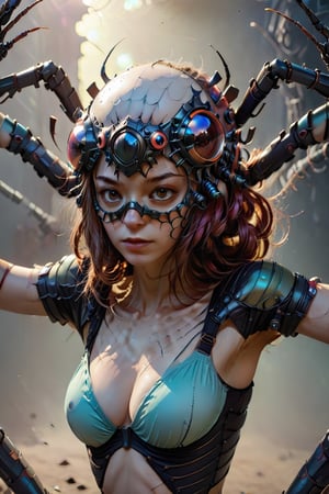 1girl, wearing the spider helmet with 4 eyes same size black eyes,  extra spider hands, highly detailed, colorful, wearing the colorful bra, bright-colored, cinema 4k, cinematic, ethereal, magical, cosmic, half body, high resolution, ,Mechanical part,biopunk style,aesthetic portrait,HellAI