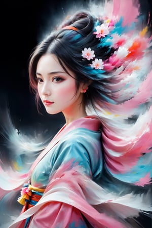 (abstract japan woman from paint,  (Grizail paint chromatic:1.5),she is wearing  thepink kimono, brush strokes  of color, water colrs, sketch,, textured, black background),aesthetic portrait,see-through,DonMB4nsh33XL ,glitter