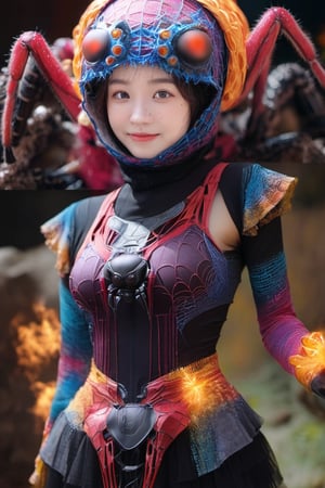 1girl, wearing the spider hat with 4 eyes same size black eyes,  extra spider hands, bright smile, highly detailed, colorful, wearing the colorful bra, bright-colored, cinema 4k, cinematic, ethereal, magical, cosmic, full body, high resolution, ,Mechanical part,biopunk style,aesthetic portrait,HellAI,xxmixgirl,fire