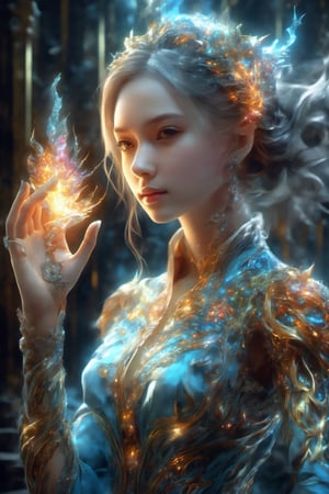 1girl, right hand up and colorful stone on the hand, masterpiece, top quality, best quality, official art, beautiful and aesthetic,  extreme detailed,(abstract, fractal art:1.3),colorful hair,highest detailed, detailed_eyes, fire, water, ice, lightning, light_particles, ghost, cinematic moviemaker style,xxmix_girl,glass shiny style,DonM3lv3nM4g1cXL