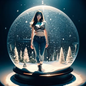  best quality, hight detailed, ultra realistic,  nature, Snow Globe, Christmas style, 1 girl standing inside the snow globe, a lingerie model, wears a 247 lingerie Deep-V bra, clear shoulder, Mikami Yua style, slim blue jeans, soft clothes, full body, slim_waist, blue jean, sexy pose, looking at viewer,