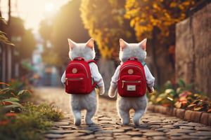 two cute kittens with backpacks are standing next to each other, in the style of daz3d, isaac cordal, studyblr, soft, romantic scenes, rinpa school, doug hyde, warm tones --v 6.0
        ,jinjianceng, cinematic moviemaker style