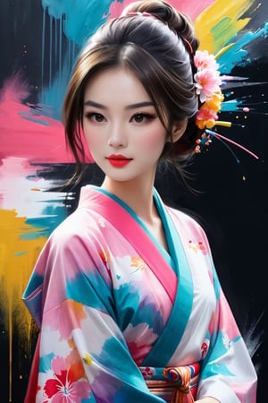 (abstract japan woman from paint,  (Grizail paint chromatic:1.5),she is wearing  thepink kimono, brush strokes  of color, water colrs, sketch,, textured, black background),aesthetic portrait,see-through,DonMB4nsh33XL 