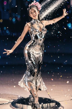 (Fujifilm), Real photo, a Japanese woman, 19 years old girl, Winter style, snow falling, plum flowers blooming, wearing a pink china cheongsam, smiling, the pink cherry blossom petals are flying all over the picture, clear and bright, super High quality, exquisite details, delicate and clear facial features, half body, clear waist,1 girl, Double exposure, Please give her some more background or context so we can add more details ,perfect split lighting,ZGirl,Nature, flowers blooming fantastic and dreamy light romantic lighting bokeh background,snow_scene_background,Hajime Sorayama,metallic effect