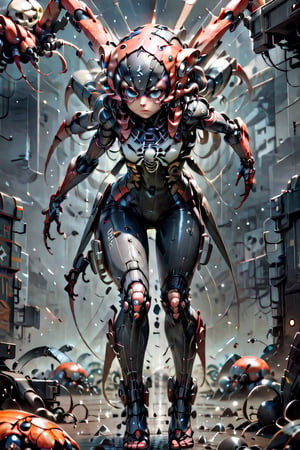1girl, A woman of Taiwanese-Korean, wearing the spider combined with a skull helmet, with 4 eyes on the helmet, spider wet patten, cinema 4k, cinematic, ethereal, magical, cosmic, full body, daning pose, high resolution, ,kwon-nara,biopunk style,LinkGirl,xxmix_girl