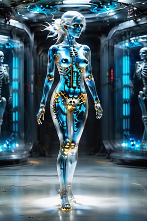 beautiful japan girl, completely white long hair, Crystal clear full skeleton, blue in colour, half body with clear waist, cybernetic workings visible, wheels, set against a Space background, Ultra wide angle, highest quality, extremely delicate, stunning lights and shadows, HD, 