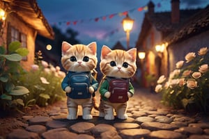 two cute kittens with backpacks are standing next to each other, in the style of daz3d, isaac cordal, studyblr, soft, romantic scenes, rinpa school, doug hyde, warm tones --v 6.0
        ,jinjianceng