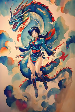 dragon-themed, dragon scale, mesmerizing watercolor paint,  detailed full body woman dressed, comic style, complex background, chinese element, cloud,Yasuhiko Yoshikazu 