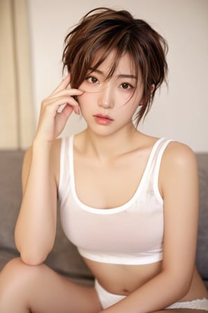 ultrahighres, masterpiece, best quality,  In the morning, with weak natural light, a beautiful japanese woman, 25 years old, with light makeup, (brown|short hair|messy|slightly wet), her mouth is slightly open, (finger stroking her hair), wearing flesh-colored underwear,  Stare ahead,hubggirl, Sitting on the sofa, 