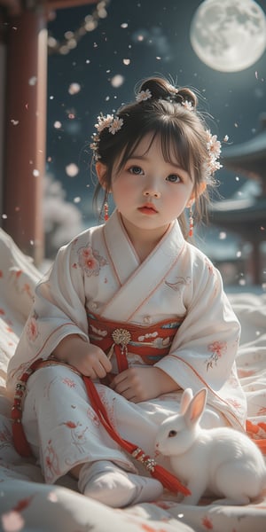 A young baby in a beautiful white kimono sits on a soft, patterned fabric. She is adorned with delicate floral hair ornaments and a red tassel hangs from her waist. Her expression is serene and elegant, her gaze directed towards the viewer. A white rabbit sits beside her, adding a touch of innocence and charm to the scene. The background is a shrine and a starry sky with a full moon, creating a sense of cultural richness and mystique. [Photorealistic portrait, inspired by the works of Annie Leibovitz and Steve McCurry], [Soft, natural light, focus on the woman's face and her elegant pose, blurred background with a sense of depth, textured surfaces, a sense of cultural heritage and beauty], Hanfu, KOLNB, Ahri