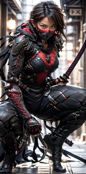 solo, 1boy, full body, weapon, female focus, sword, armor, blurry, bodysuit, mask, blurry background, squatting, katana, sheath, sheathed, japanese armor, one knee, superhero, weapon on back, spider web print,action shot