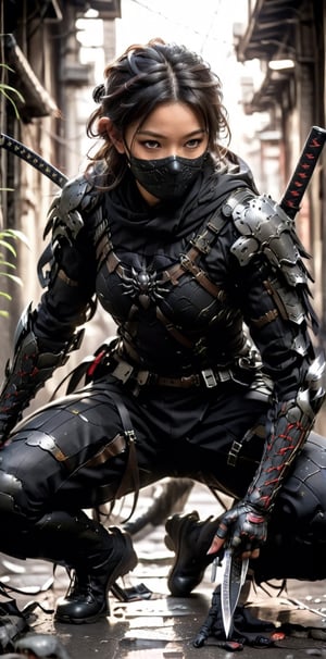 solo, 1boy, full body, weapon, female focus, sword, armor, blurry, bodysuit, mask, blurry background, squatting, katana, sheath, sheathed, japanese armor, one knee, superhero, weapon on back, spider web print,action shot,More Reasonable Details,stalker