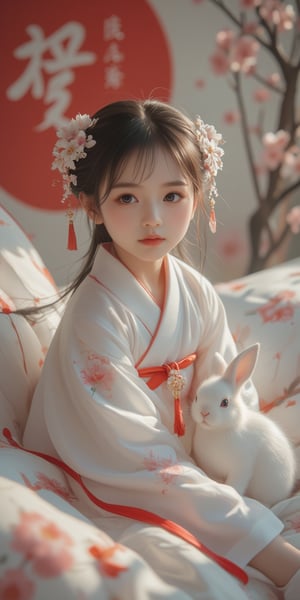 A young baby in a beautiful white kimono sits on a soft, patterned fabric. She is adorned with delicate floral hair ornaments and a red tassel hangs from her waist. Her expression is serene and elegant, her gaze directed towards the viewer. A white rabbit sits beside her, adding a touch of innocence and charm to the scene. The background features a large red circle and a traditional Chinese character, creating a sense of cultural richness and mystique. [Photorealistic portrait, inspired by the works of Annie Leibovitz and Steve McCurry], [Soft, natural light, focus on the woman's face and her elegant pose, blurred background with a sense of depth, textured surfaces, a sense of cultural heritage and beauty], Hanfu, KOLNB, Ahri