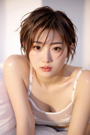 ultrahighres, masterpiece, best quality,  In the morning, with weak natural light, a beautiful japanese woman, 25 years old, with light makeup, (brown|short hair|messy|slightly wet), her mouth is slightly open, (finger stroking her hair), wearing flesh-colored underwear,  Stare ahead,hubggirl, Sitting on the sofa, 