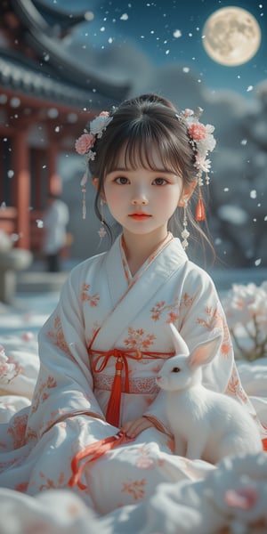 A young baby in a beautiful white kimono sits on a soft, patterned fabric. She is adorned with delicate floral hair ornaments and a red tassel hangs from her waist. Her expression is serene and elegant, her gaze directed towards the viewer. A white rabbit sits beside her, adding a touch of innocence and charm to the scene. The background is a shrine and a starry sky with a full moon, creating a sense of cultural richness and mystique. [Photorealistic portrait, inspired by the works of Annie Leibovitz and Steve McCurry], [Soft, natural light, focus on the woman's face and her elegant pose, blurred background with a sense of depth, textured surfaces, a sense of cultural heritage and beauty], Hanfu, KOLNB, Ahri