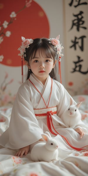 A young baby in a beautiful white kimono sits on a soft, patterned fabric. She is adorned with delicate floral hair ornaments and a red tassel hangs from her waist. Her expression is serene and elegant, her gaze directed towards the viewer. A white rabbit sits beside her, adding a touch of innocence and charm to the scene. The background features a large red circle and a traditional Chinese character, creating a sense of cultural richness and mystique. [Photorealistic portrait, inspired by the works of Annie Leibovitz and Steve McCurry], [Soft, natural light, focus on the woman's face and her elegant pose, blurred background with a sense of depth, textured surfaces, a sense of cultural heritage and beauty], Hanfu, KOLNB, Ahri