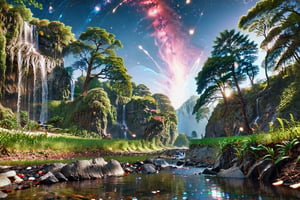 close up view, A galaxy spreading out across the universe in the lake below it. Spreading out towards us. vast waterfall cascading down in to a river below, Ultra HIgh Resultion highly detailed photo. macro lense, cinematic HDR, tall trees, foliage, grass, stream, pool, reflecting the sky,  aw0k euphoric style, ,aw0k euphoric style,zoya,galaxy00,glitter,shiny,ice and water,ice,water