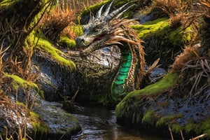 Ultra HIgh Resultion highly detailed photo, cinematic, wide view, full body shot, f1.8 aperture, sony camera, HDR, huge terrifying majestic serpantine green and brown opal dragon, mouth open, its long serpantine body winding around the mossy rocks dissapearing in to the marshes behind it, looking directly at viewer going towards us emerging from a dark mossy misty marsh behind it, black opal, glitter,shiny,more saturation , black opal dragon, Dragon, glitter, wet eyes, dew drops on the dragons skin, branchlike wings, broken mossy green and brown broken open dragon eggs, leaves, branches, bushes, birds, insects, flies, moths, butterflies, green and brown bog, heather, tall grass, highly detailed wet moss, highly detailed wet rocks, highly detailed dew drops on the ground,Goa,golden dragon ,aw0k euphoric style