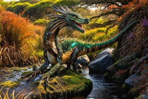 Ultra HIgh Resultion highly detailed photo, cinematic, wide view, full body shot, f1.8 aperture, sony camera, HDR, huge terrifying majestic serpantine green and brown opal dragon with its mouth open, its long serpantine body winding around the mossy rocks dissapearing in to the marshes behind it, looking directly at viewer going towards us emerging from a dark mossy misty marsh behind it, black opal, glitter,shiny,more saturation , black opal dragon, Dragon, glitter, wet eyes, dew drops on the dragons al skin, branchlike wings, leaves, branches, bushes, birds, insects, flies, moths, dragon flies, green and brown bog, heather, tall grass, highly detailed wet moss, highly detailed wet rocks, highly detailed dew drops on the ground,Goa,golden dragon ,aw0k euphoric style