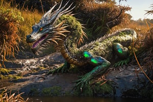Ultra HIgh Resultion highly detailed photo, cinematic, wide view, full body shot, f1.8 aperture, sony camera, HDR, huge terrifying majestic serpantine green and brown opal dragon with its mouth open, its long serpantine body winding around the mossy rocks dissapearing in to the marshes behind it, looking directly at viewer going towards us emerging from a dark mossy misty marsh behind it, black opal, glitter,shiny,more saturation , black opal dragon, Dragon, glitter, wet eyes, dew drops on the dragons al skin, branchlike wings, leaves, branches, bushes, birds, insects, flies, moths, dragon flies, green and brown bog, heather, tall grass, highly detailed wet moss, highly detailed wet rocks, highly detailed dew drops on the ground,Goa,golden dragon ,aw0k euphoric style