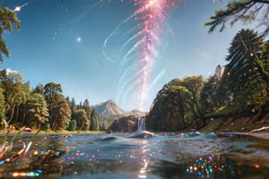 close up view, A galaxy spreading out across the universe in the lake below it. Spreading out towards us. vast waterfall cascading down in to a river below, Ultra HIgh Resultion highly detailed photo. macro lense, cinematic HDR, tall trees, foliage, grass, stream, pool, reflecting the sky,  aw0k euphoric style, ,aw0k euphoric style,zoya,galaxy00,glitter,shiny,ice and water,ice,water
