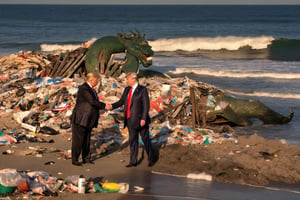 apocaliptic view of a rubbish beach at the start of sunset, the beach is  discarded plastic rubbish ammunition and weapons, photographs of the Donald trump shaking hands with Alexander Putin lying on the floor in front of us, a jade dragon is swimming in the sea, Ultra HIgh Resultion highly detailed photo. cinematic HDR, aw0k euphoric style, 