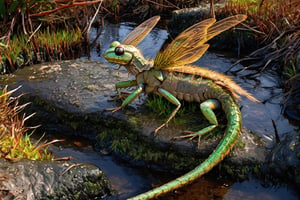 Ultra HIgh Resultion highly detailed photo, cinematic, wide view, full body shot, f1.8 aperture, sony camera, HDR, huge terrifying majestic serpantine green and brown opal dragon with its hatched young, mouth open, its long serpantine body winding around the mossy rocks dissapearing in to the marshes behind it, looking directly at viewer going towards us emerging from a dark mossy misty marsh behind it, black opal, glitter,shiny,more saturation , black opal dragon, Dragon, glitter, wet eyes, dew drops on the dragons skin, branchlike wings, broken mossy green and brown broken open dragon eggs, leaves, branches, bushes, birds, insects, flies, moths, butterflies, dragonflies, green and brown bog, heather, tall grass, highly detailed wet moss, highly detailed wet rocks, highly detailed dew drops on the ground,Goa,golden dragon ,aw0k euphoric style