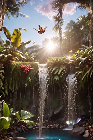 tropical jungle, viewed from the pool below, low angle, worms eye POV, highly detailed textures on the foliage and objects in the foreground, close up view, a clear stream leading to a high cascading waterfall, the waterfall is dropping down in to a clear pool at the bottom full of precious jewels. Ultra HIgh Resultion highly detailed photo. macro lense, cinematic HDR, tall trees, butteflies, frogs, (flying birds in fine detail), foliage, grass, stream, pool, reflecting the sky,  , ,aw0k euphoric style,zoya,galaxy00,glitter,shiny,ice and water,ice,water,water ring,Digital painting, bird ,Digital painting 