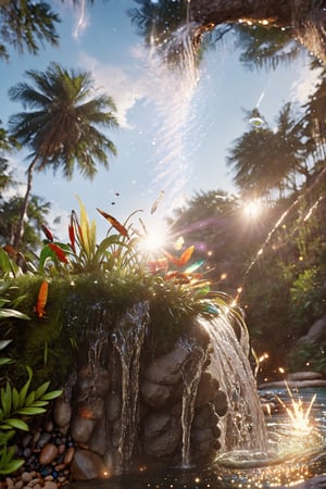 tropical jungle, viewed from the pool below, low angle, worms eye POV, highly detailed textures on the foliage and objects in the foreground, close up view, a clear stream leading to a high cascading waterfall, the waterfall is dropping down in to a clear pool at the bottom full of precious jewels. Ultra HIgh Resultion highly detailed photo. macro lense, cinematic HDR, tall trees, butteflies, frogs, (flying birds in fine detail), foliage, grass, stream, pool, reflecting the sky,  , ,aw0k euphoric style,zoya,galaxy00,glitter,shiny,ice and water,ice,water,water ring,Digital painting, bird ,Digital painting 