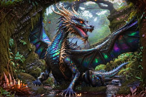 Ultra HIgh Resultion highly detailed photo, cinematic, wide view, full body shot, f1.8 aperture, sony camera, HDR, huge terrifying majestic serpantine black opal dragon with its mouth open. A fairy is flying near its head, its long serpantine body winding around the mossy rocks dissapearing in to the forrest behind it, looking directly at viewer going towards us emerging from a dark verdant green forrest behind it, black opal, glitter,shiny, black opal dragon,more saturation , black opal dragon, Dragon,glitter, wet eyes, dew drops on the dragons al skin, branchlike wings, leaves branches, bushes, birds, insects, flies, butterflies, highly detailed wet moss, highly detailed wet rocks, highly detailed dew drops on the ground,Goa,golden dragon ,aw0k euphoric style