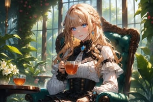 A distant shot captures a maiden with luminous blonde locks and bangs framing her heart-shaped face, accentuating her big blue eyes. She sits on an ornate outdoor chair amidst lush greenery, wearing a Victorian-inspired white shirt and a black Lolita skirt that falls just above her waist. A sparkling blue diamond brooch adorns the manubrium, drawing attention to its elegant placement. As she has a cup of tea on her hand, the delicate victorian set sits on a table beside her, nestled in the midst of an Abundant greenhouse's vibrant flora.