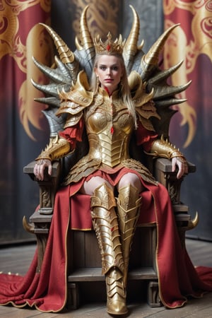 fantasy setup, beautiful queen sitting on her high throne. she is wearing in intricately detailed full body golden dragon armor and red cloth. she is sitting cross-legged and long boots