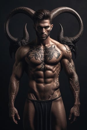 young muscular handsome male devil Baphomet,Naked  body contemporary interpretation of Baphomet , Naked  body,demonic tattoos adorning the body., tattoos could feature occult symbols and dark, adding an element of mystique to the overall appearance, combination creates a fusion of modern style and occult aesthetics, giving Baphomet a contemporary and rebellious edge,H effect. gold.stron legs.armpits. angelic face. red eyes