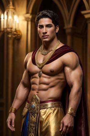 a young muscular matan king of the first dynasties un His residente. attire and jewelry of the time. REALISTIC MASTERPIECE. gold.