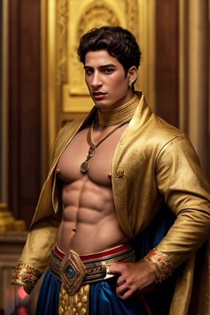 a young muscular matan king of the first dynasties un His residente. attire and jewelry of the time. REALISTIC MASTERPIECE. gold.