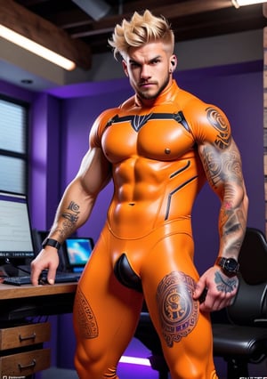 (((male only)))), (((natural body hair))), 4k definition, HD resolution, highly detailed, realistic lighting, dynamic poses, (((rugged  skinny guy))), ((massive muscles)), ((detailed eyes)), (hairy chest), (((tech orange purple cybersuit))), (hi-tech panoramic scene), ((blonde curls)), (((tattoos, piercings))), ((angry orgasm)),POV,Doggy Style