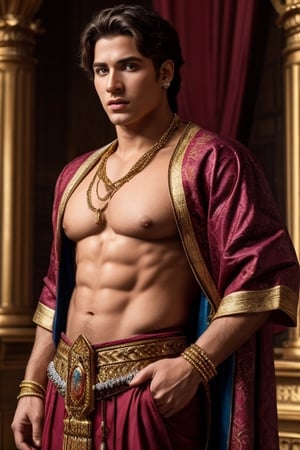 a young muscular matan king of the first dynasties un His residente. attire and jewelry of the time. REALISTIC MASTERPIECE. gold.