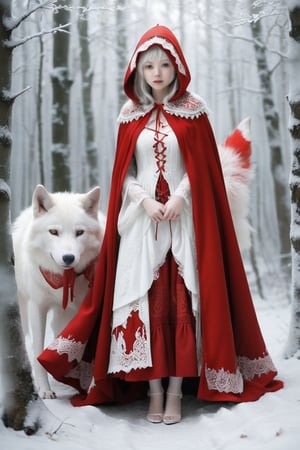 Deep in a magical forest,1 nordic girl, albino Little Red Riding Hood, (and pure white large wolf),1 wolf, wrapped in an intricate red cloak decorated with delicate lace, Red Riding Hood, Pure White Wolf standing by, Gosperson, Dal, Cnd.,InkyCapWitchyHat,sexylingling1094075,sexy Li Xuan15321