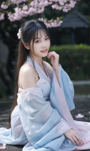 a woman in a blue period dress sitting on the ground,traditional attire,hanfu,cherry blossoms,serene expression,seated pose,ethereal lighting,black background,flowing fabric,reflective surface,high contrast,gentle gaze,soft makeup,pastel colors,blurred petals falling,cultural,fantasy ambiance,elegance,grace,historical costume,fabric draping,photoshoot,artistic composition,side lighting,blue gradient dress,tranquil atmosphere,delicate accessories,hair ornaments.,arien photography,sexyling54894416,sexyqni58919407,sexylala49407520,sexylingling1094075,sexymaga1623082,sexycaicai38730