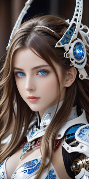 beautiful Anime girl with blue eyes and wavy long hair, front_view, masterpiece, best quality, photorealistic, raw photo, (1girl, looking at viewer), long hair, mechanical white armor, intricate armor, delicate blue filigree, intricate filigree, red metalic parts, detailed part, dynamic pose, detailed background, dynamic lighting,robot,LinkGirl,Insta Model,,sexysarah5348437