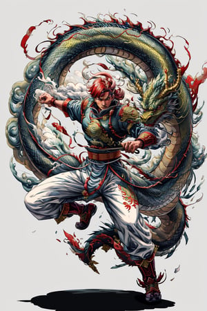 dragon-themed, dragon scale, mesmerizing watercolor paint, detailed full body man dressed,Chinese military general ,comic style, complex background, chinese element, cloud,holding a Yan Yue Dao, attack pose,