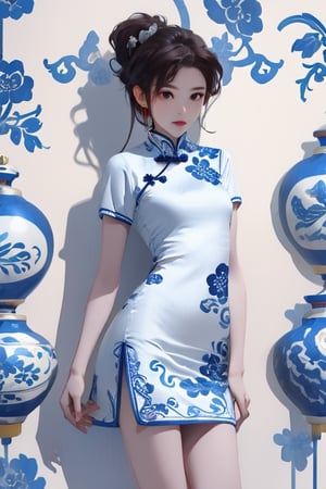 masterpiece,best quality, 1 girl, qinghua, front view, cheongsam, blue floral background, 