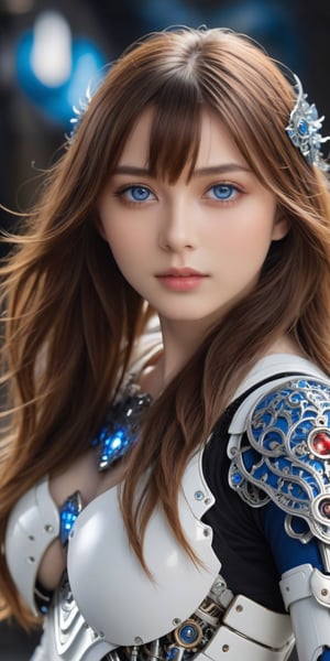 beautiful Anime girl with blue eyes and wavy long hair, front_view, masterpiece, best quality, photorealistic, raw photo, (1girl, looking at viewer), long hair, mechanical white armor, intricate armor, delicate blue filigree, intricate filigree, red metalic parts, detailed part, dynamic pose, detailed background, dynamic lighting,robot,LinkGirl,Insta Model,sexylala49407520