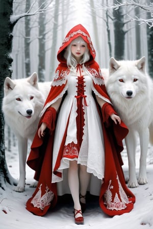 Deep in a magical forest,1 nordic girl, albino Little Red Riding Hood, (and pure white large wolf),1 wolf, wrapped in an intricate red cloak decorated with delicate lace, Red Riding Hood, Pure White Wolf standing by, Gosperson, Dal, Cnd.,InkyCapWitchyHat,sexylingling1094075