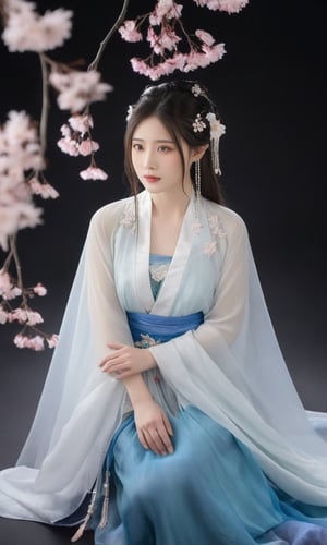 a woman in a blue period dress sitting on the ground,traditional attire,hanfu,cherry blossoms,serene expression,seated pose,ethereal lighting,black background,flowing fabric,reflective surface,high contrast,gentle gaze,soft makeup,pastel colors,blurred petals falling,cultural,fantasy ambiance,elegance,grace,historical costume,fabric draping,photoshoot,artistic composition,side lighting,blue gradient dress,tranquil atmosphere,delicate accessories,hair ornaments.,arien photography,sexyling54894416,sexyqni58919407,sexylala49407520