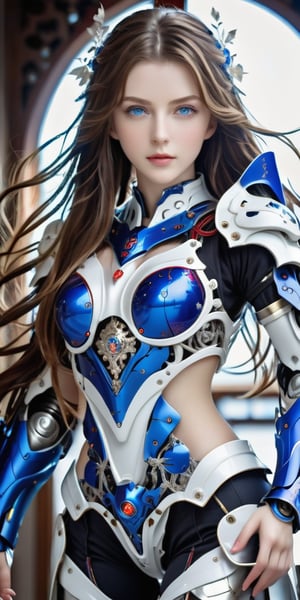 beautiful Anime girl with blue eyes and wavy long hair, front_view, masterpiece, best quality, photorealistic, raw photo, (1girl, looking at viewer), long hair, mechanical white armor, intricate armor, delicate blue filigree, intricate filigree, red metalic parts, detailed part, dynamic pose, detailed background, dynamic lighting,robot,LinkGirl,Insta Model,,sexysarah5348437