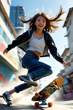 1Girl,(low angle shot:1.5),
The illustration depicts a spirited girl with a confident stance, her hair flowing behind her as she effortlessly maneuvers her skateboard. With determination in her eyes and a hint of a smile on her lips, she tackles the urban landscape with skill and grace. The low-angle perspective adds a sense of drama and dynamism to the scene,newhorrorfantasy_style,action shot,xxmix_girl